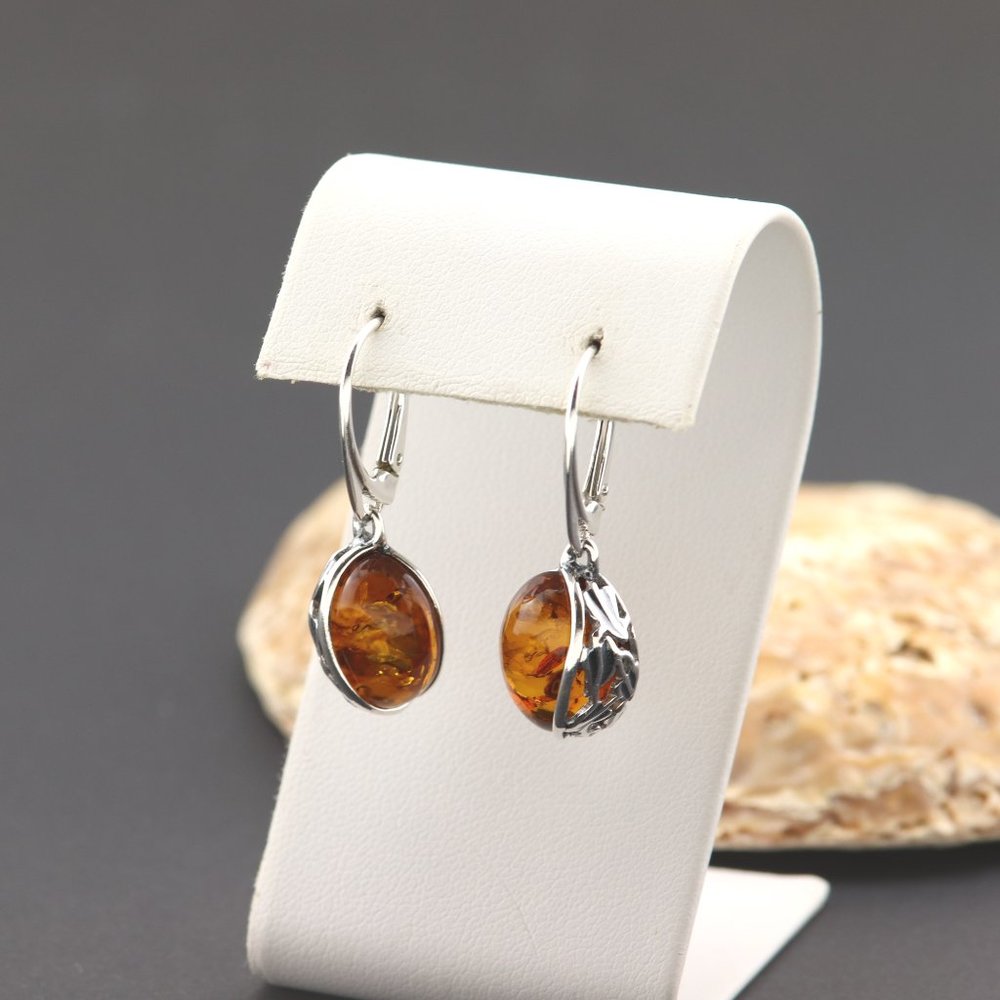 Sterling silver earrings with natural Baltic amber, amber drop earrings, dangle - Picture 9 of 14